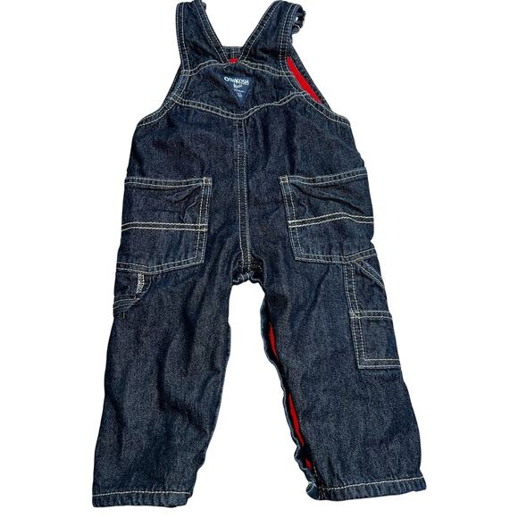Oshkosh B'gosh 9M dark washed denim red fleece lined Blue carpenter Overalls - Picture 3 of 5